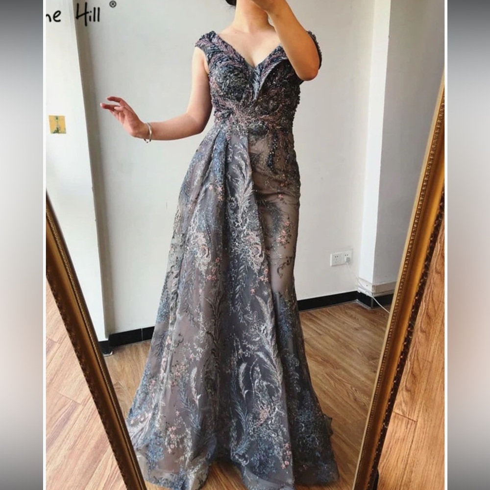 Sophisticated Gray and Blue Embellished Prom Dress